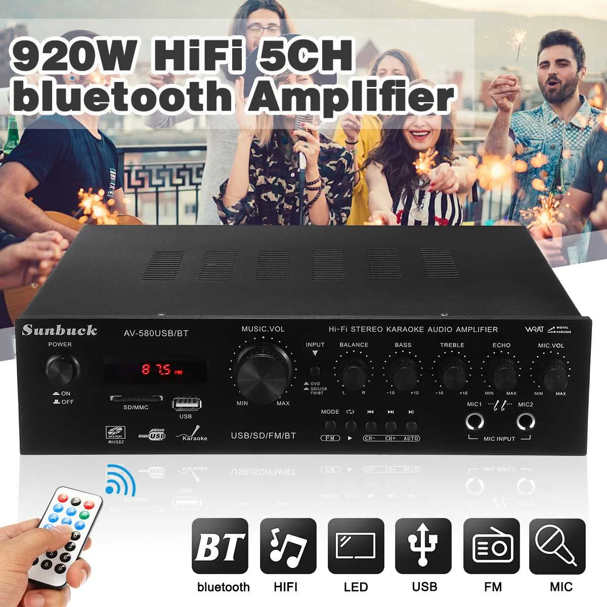 bluetooth 2.0 Channel Real 960W Audio Power HiFi Amplifier 326BT 12V/220V AV Amp Speaker with Remote Control for Car Home
bluetooth 2.0 Channel Real 960W Audio Power HiFi Amplifier 326BT 12V/220V AV Amp Speaker with Remote Control for Car Home