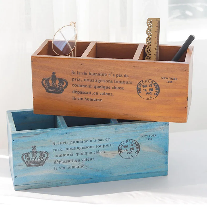 3 Cells Retro Wooden Desktop Storage Box Remote Control Stationery Organizer