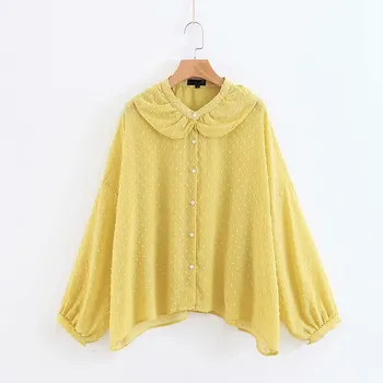 2019 Summer Women Boho Batwing Sleeve Chiffon Blouses Casual Polka Dot Loose Shirts Collar Beach Solid Oversize Ruffles Top