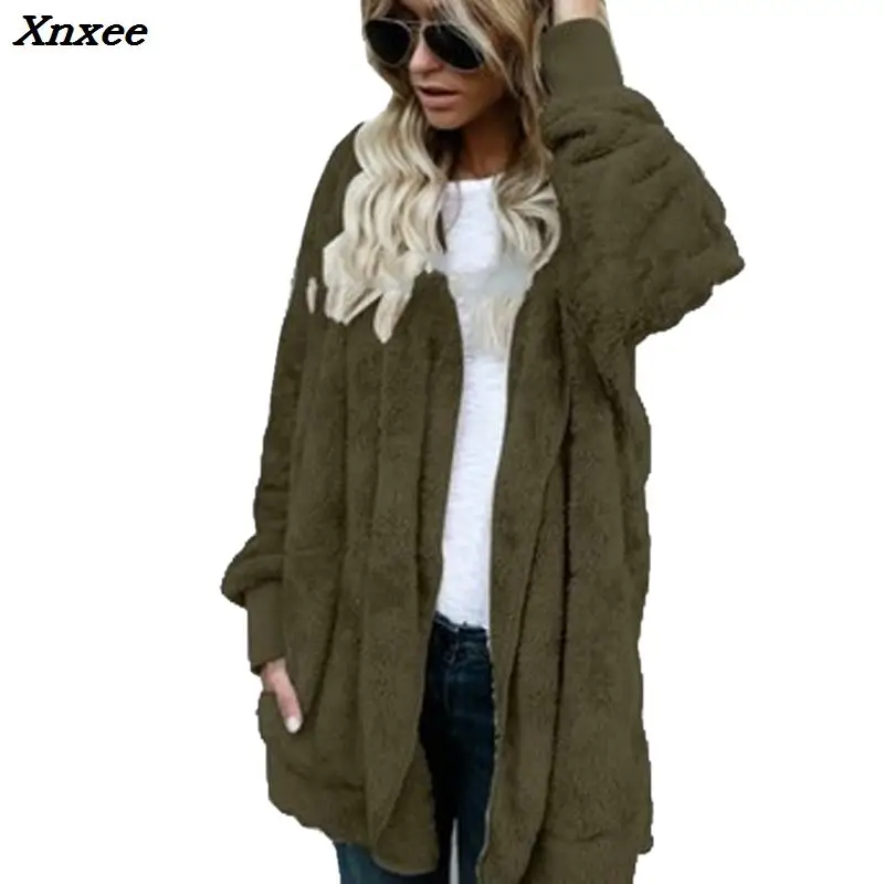 New Fashion Spring Faux Fur Warm winter coats on both sides Jacket Women Open Stitch Hooded Coat Female Long Sleeve Fuzzy | Женская
