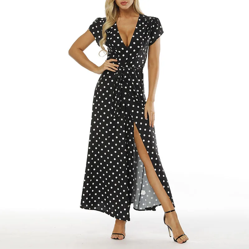 New Women Dot Printed dresses V Neck Short Sleeve Vintage High Split Beach Party Dress ladies sundress
New Women Dot Printed dresses V Neck Short Sleeve Vintage High Split Beach Party Dress ladies sundress