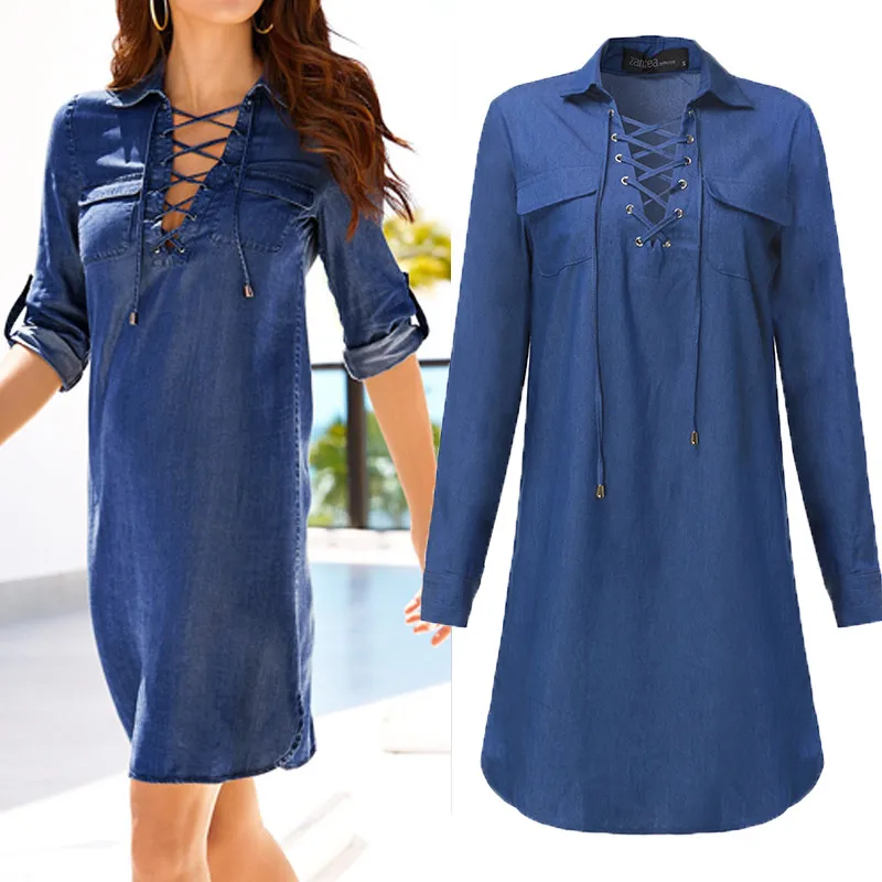 Denim Shirt Dress Women Sexy V Neck Lace Up Mini Vestidos 2019 ZANZEA Sundress Hollow Long Sleeve Long Top Plus Size Robe Femme
Denim Shirt Dress Women Sexy V Neck Lace Up Mini Vestidos 2019 ZANZEA Sundress Hollow Long Sleeve Long Top Plus Size Robe Femme