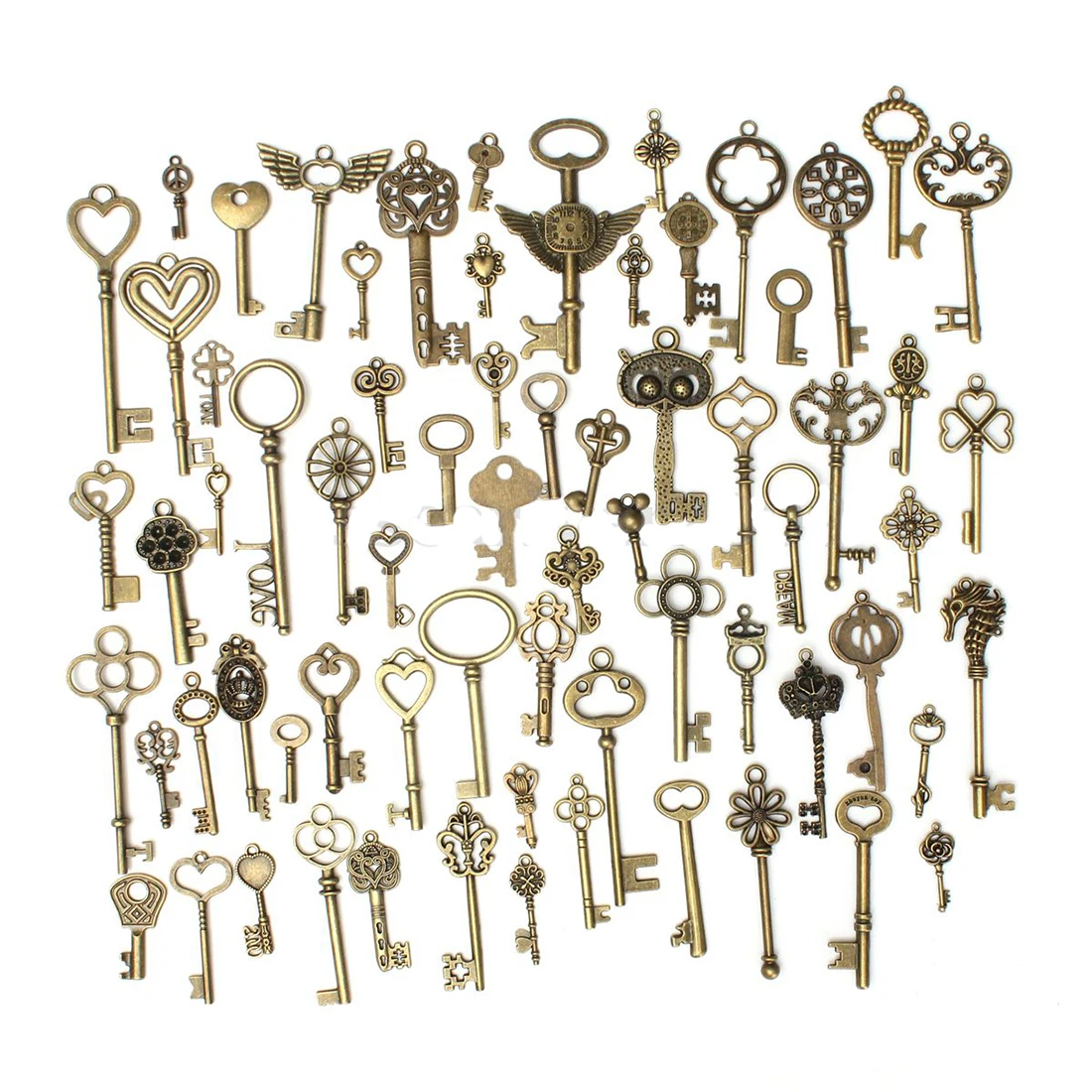 Set of 69 Antique Vintage Old Look Bronze Skeleton Keys Fancy Heart Bow Pendant | Украшения и аксессуары