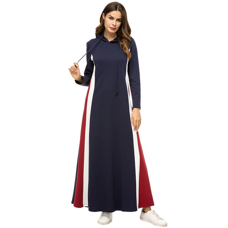 Muslim Fashion Stripe Contrast Color Patchwork Dress Women Long Sleeve Hooded Long Dress Autumn Winter Casual Slim Brief Elega
Muslim Fashion Stripe Contrast Color Patchwork Dress Women Long Sleeve Hooded Long Dress Autumn Winter Casual Slim Brief Elega