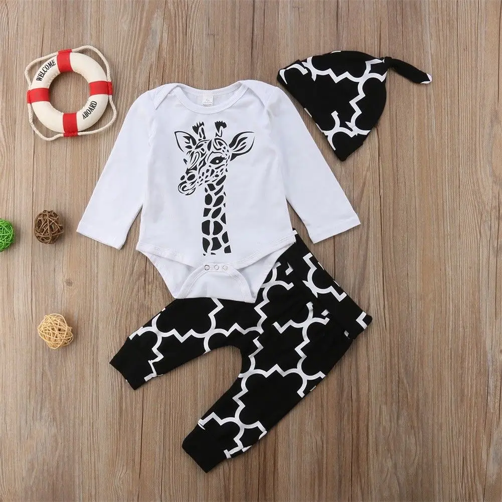 Pudcoco Baby Set 0-18M US Stock Newborn Boys Girl Giraffe Clothes Top Romper Pants Hat Outfit | Детская одежда и обувь