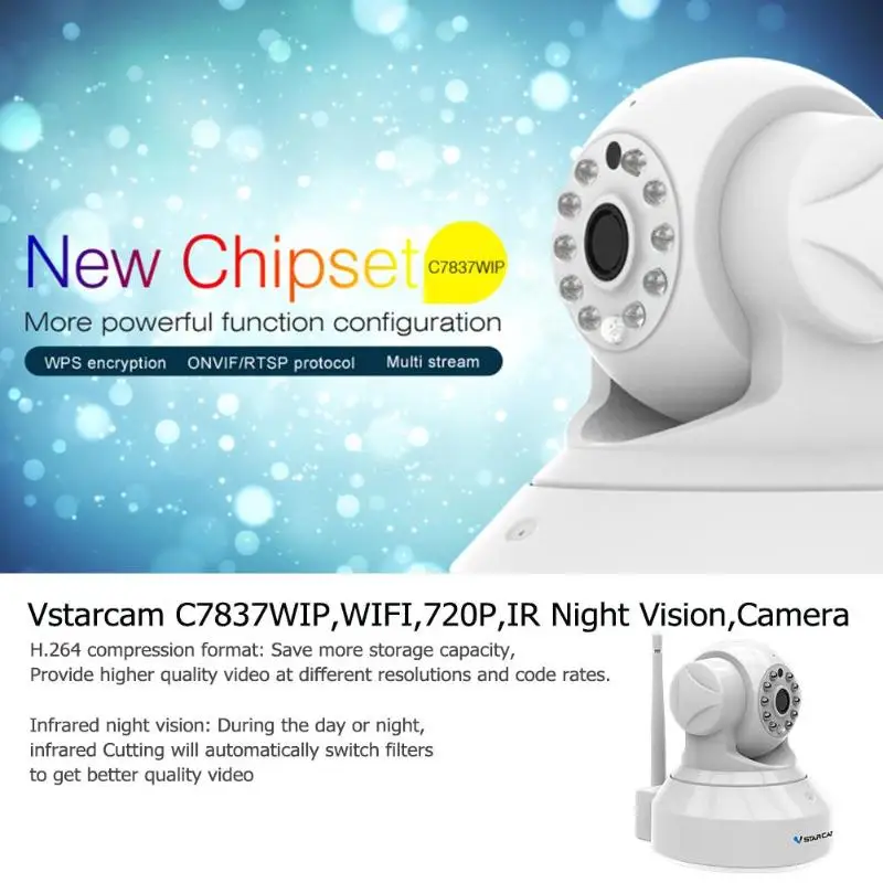 

Vstarcam C7837WIP HD 720P Wifi IP Camera with Eye4 App Network Wireless IP Camera P2P Support 128GB TF Card Onvif 2.0 H2.64 Home