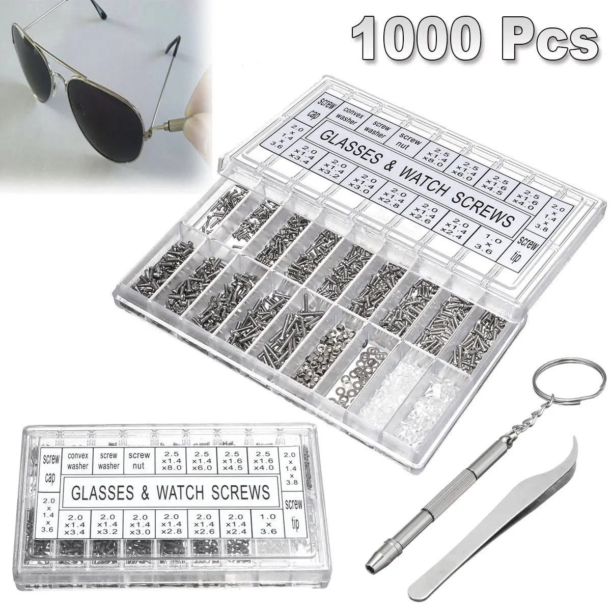 

1000PCS/SET Eyeglass Repair Tools Tweezers Kit Nuts Assortment Screws Nose Screwdriver Assorted