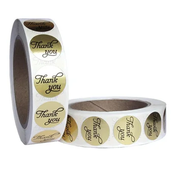 

1 Inch Round Gold Foil Thank You Sticker Labels In Script/Calligraphy Print, 500 Labels Per Roll