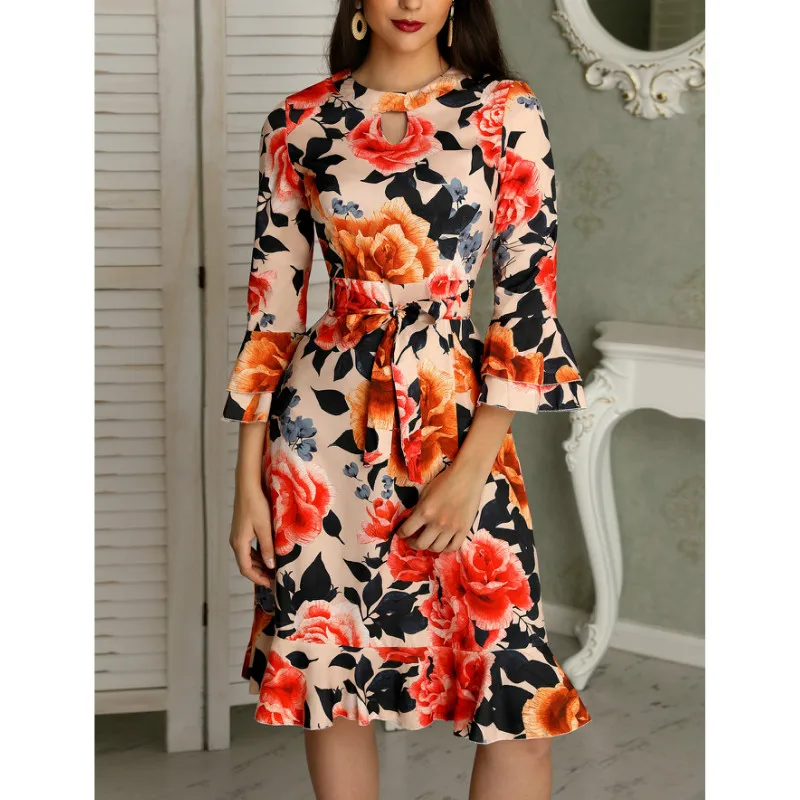 hirigin Women Autumn Retro Floral Dress Long Sleeve O-Neck Strap Ruffles Knee-Length Dress Party Formal Dress
hirigin Women Autumn Retro Floral Dress Long Sleeve O-Neck Strap Ruffles Knee-Length Dress Party Formal Dress