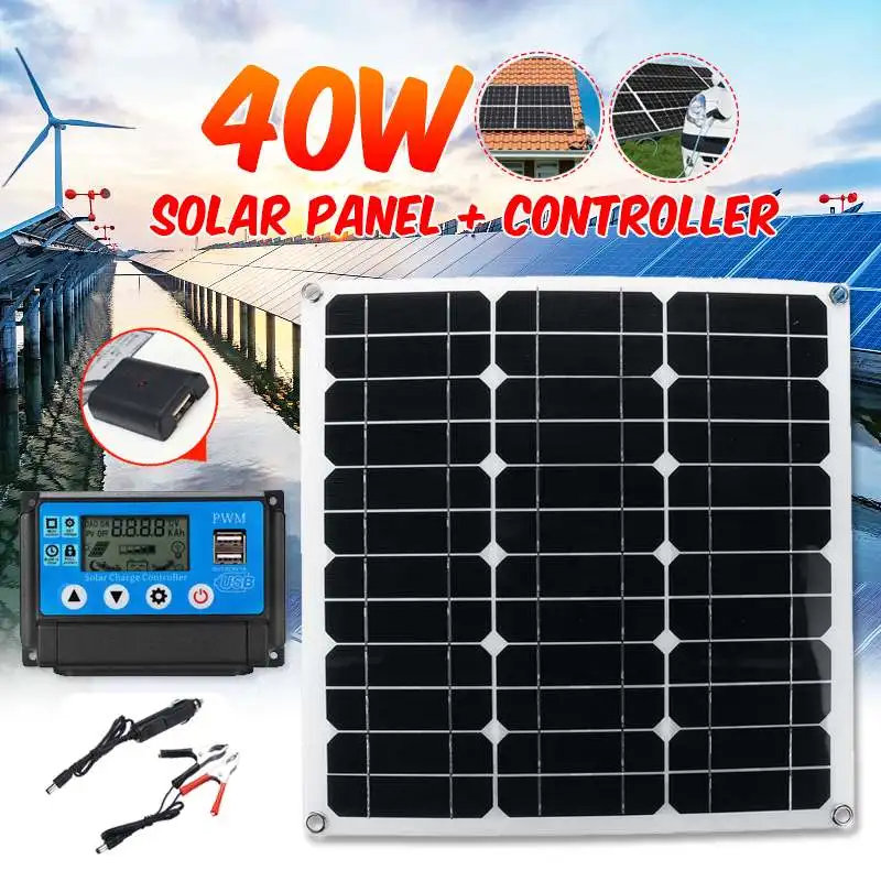 40W 12V / 5V Dual Output Solar Panel USB Port Battery Charger +10/20/30/40/50A Solar Controller for Outdoor Car Phone RV Boats
40W 12V / 5V Dual Output Solar Panel USB Port Battery Charger +10/20/30/40/50A Solar Controller for Outdoor Car Phone RV Boats