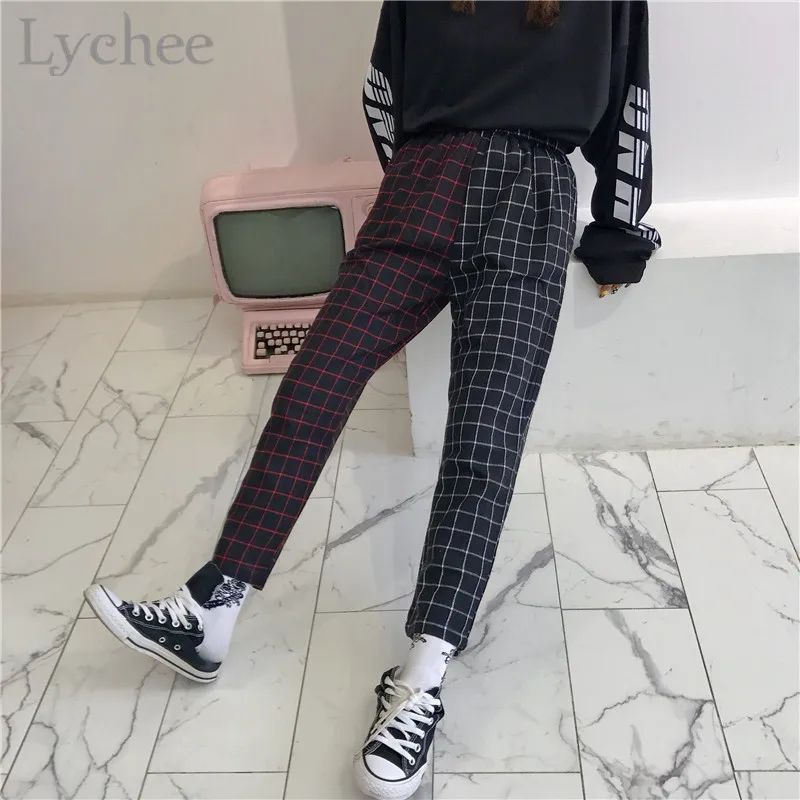 Lychee Harajuku Plaid Patchwork Women Pants Elastic Waist Hit Color Ankle Length Pants Causal Loose Female Pants Trousers
Lychee Harajuku Plaid Patchwork Women Pants Elastic Waist Hit Color Ankle Length Pants Causal Loose Female Pants Trousers
