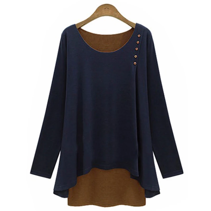 Women's Fake Two Pieces Long Sleeve Splice Button Pullover Oversizes T Shirts Plus Size Irregular Hem Femme Tops | Женская одежда