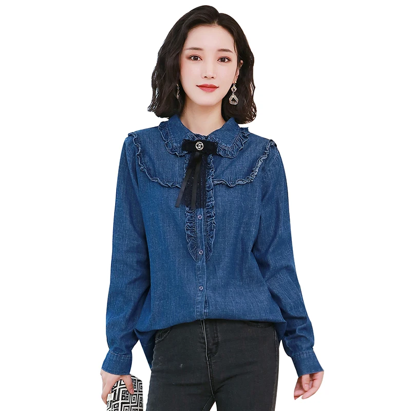 Pengpious 2019 spring and autumn loose female denim shirts peter pan collar ruffles patchwork long sleeve women cotton blouses
Pengpious 2019 spring and autumn loose female denim shirts peter pan collar ruffles patchwork long sleeve women cotton blouses