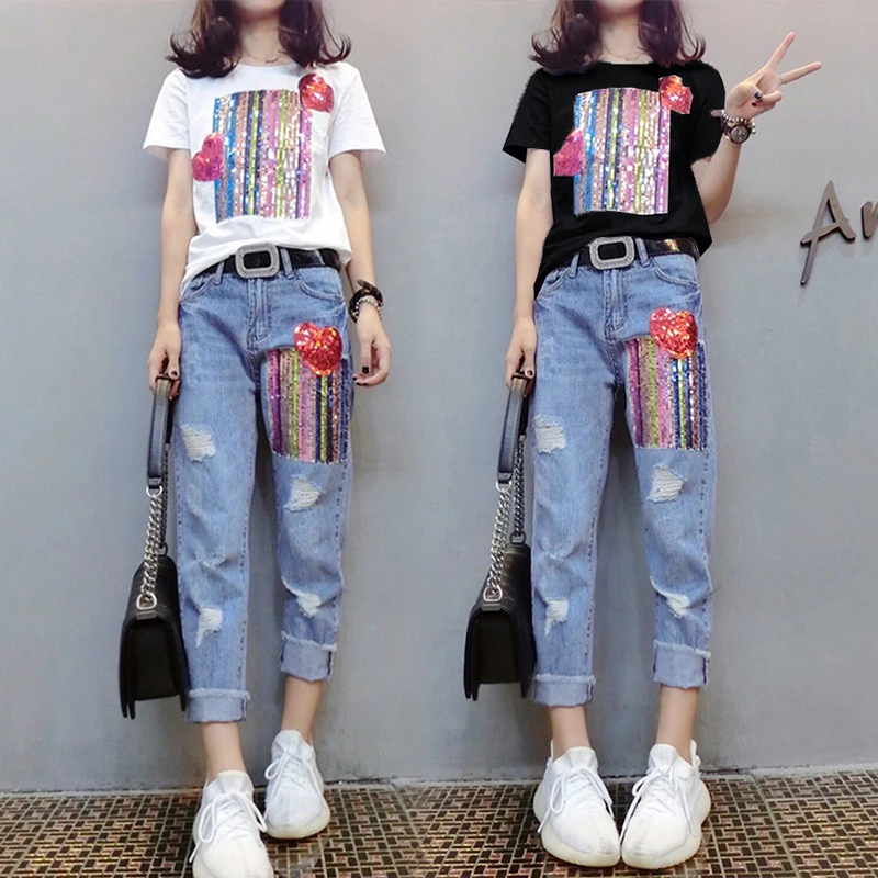 2019 Summer New Womens Tracksuit Set Cotton Sequins Short Sleeve Shirt + Cowboy Long Pant 2 Piece Set Women Jeans Sets Plus Size
2019 Summer New Womens Tracksuit Set Cotton Sequins Short Sleeve Shirt + Cowboy Long Pant 2 Piece Set Women Jeans Sets Plus Size