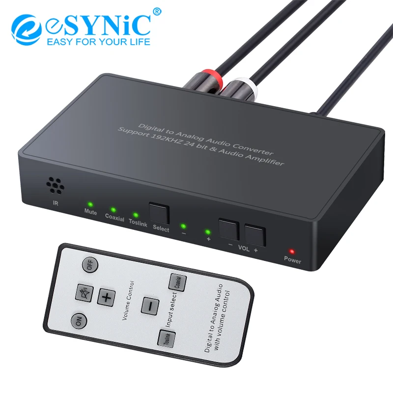 eSYNiC Digital to Analog Audio Converter with IR RemoteDAC Converter Digital Coaxial Toslink to Analog Stereo L/R RCA 3.5mm
eSYNiC Digital to Analog Audio Converter with IR RemoteDAC Converter Digital Coaxial Toslink to Analog Stereo L/R RCA 3.5mm