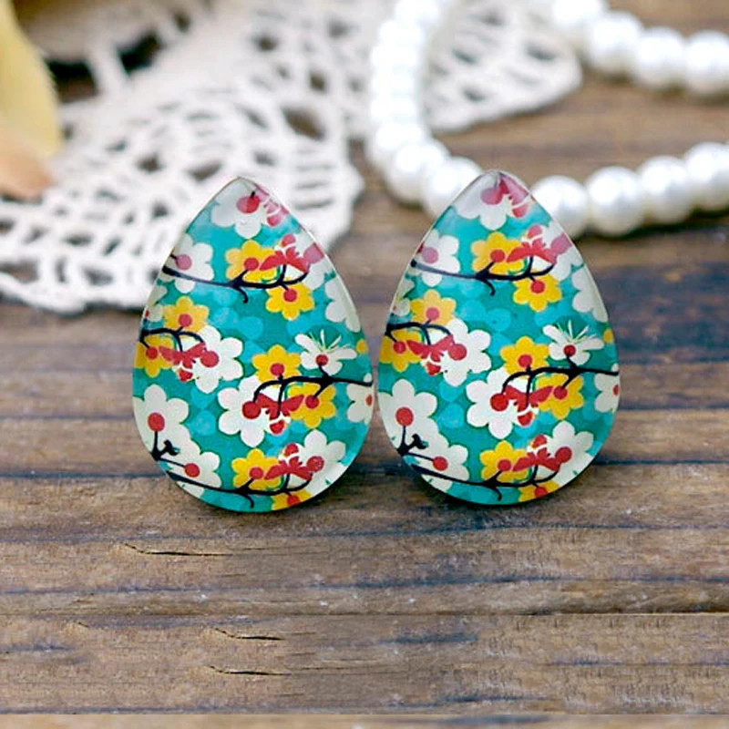 Handmade Jewelry Making Supplies Beads Photo Teardrop Glass Cabochon Flower 18x25mm For DIY Earrings Necklace TD233 4 | Украшения и