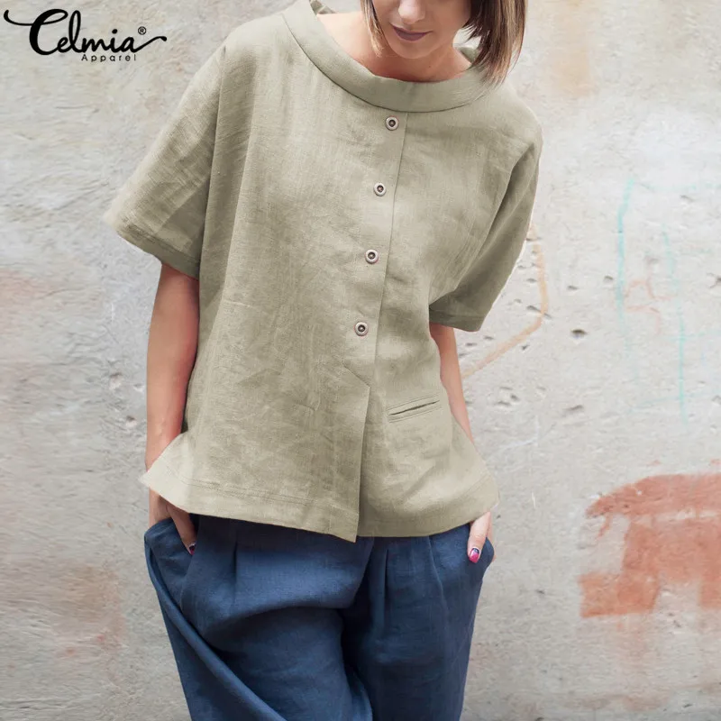 Celmia Plus Size Summer Tops Women Vintage Linen Blouses Short Sleeve Buttons Shirts Patchwork Casual Loose Blusas Feminina 2019
Celmia Plus Size Summer Tops Women Vintage Linen Blouses Short Sleeve Buttons Shirts Patchwork Casual Loose Blusas Feminina 2019