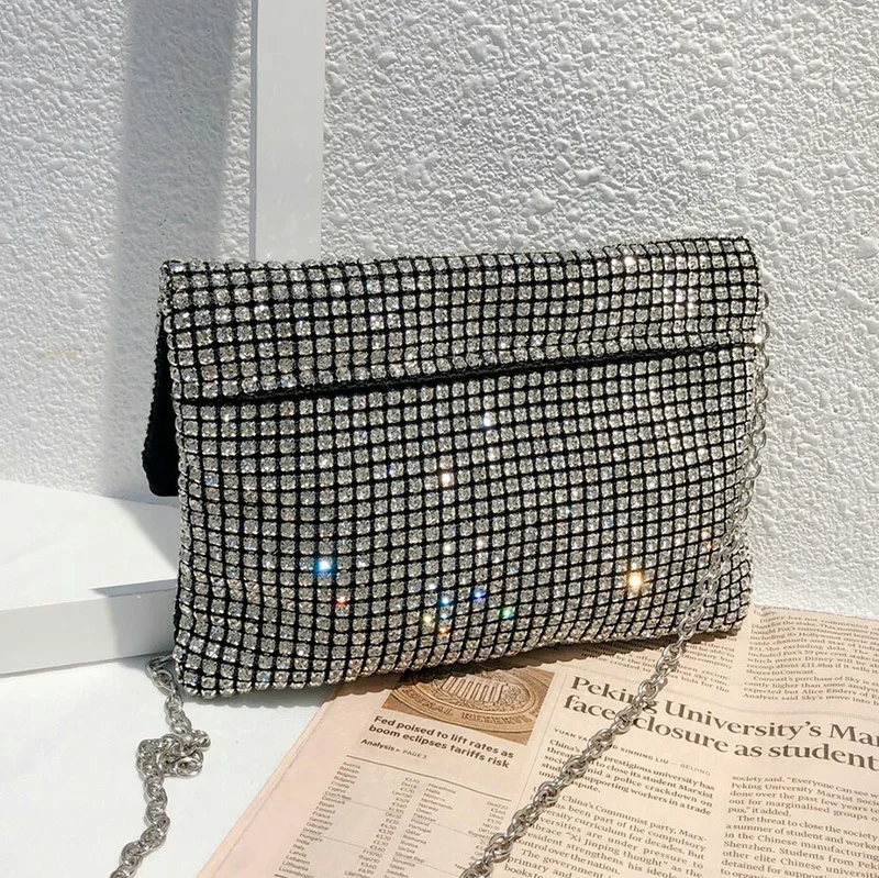 

[Super Seabob] 2019 Spring summer Woman new silver color spliced imitate diamond single strap messenger bag all match LM220