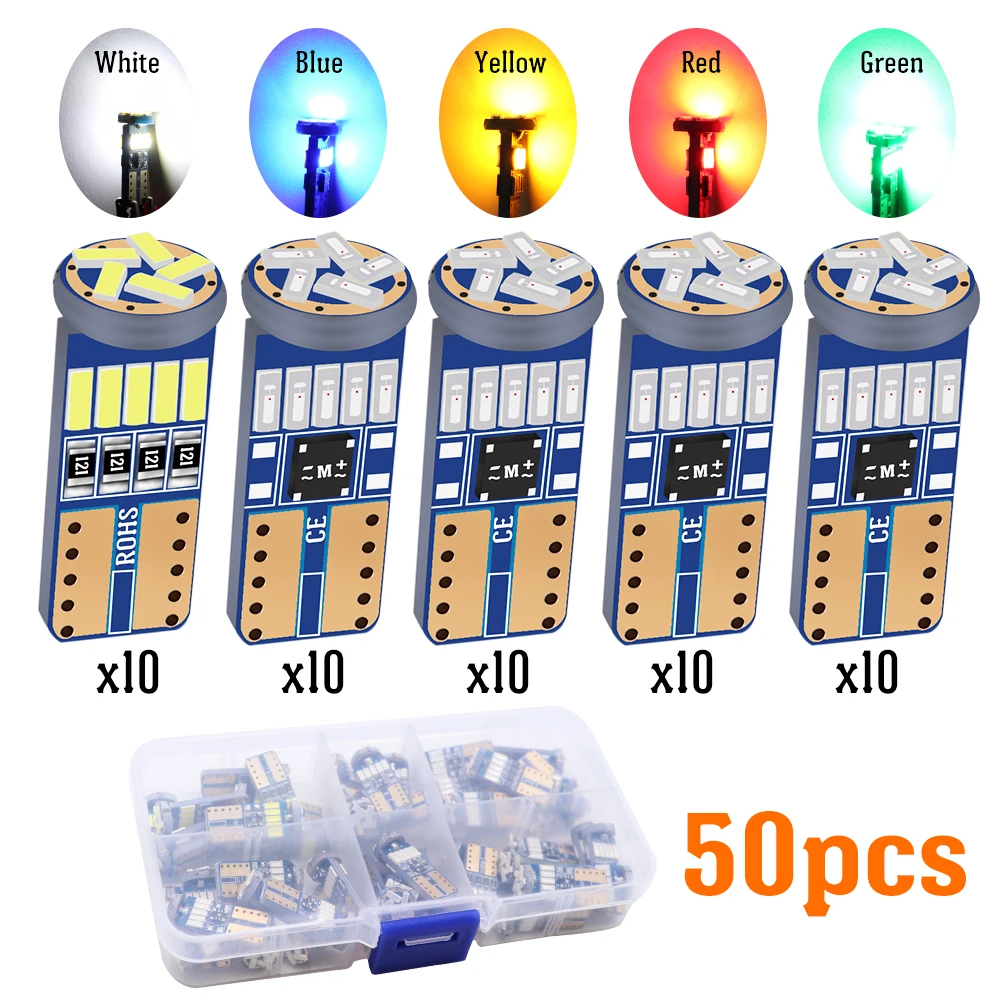 

50pcs T10 W5W LED Bulbs 194 Canbus error free 5 Colors 15 Chips 4014 SMD Lamp Car Auto Interior Dome Trunk License Plate Lights