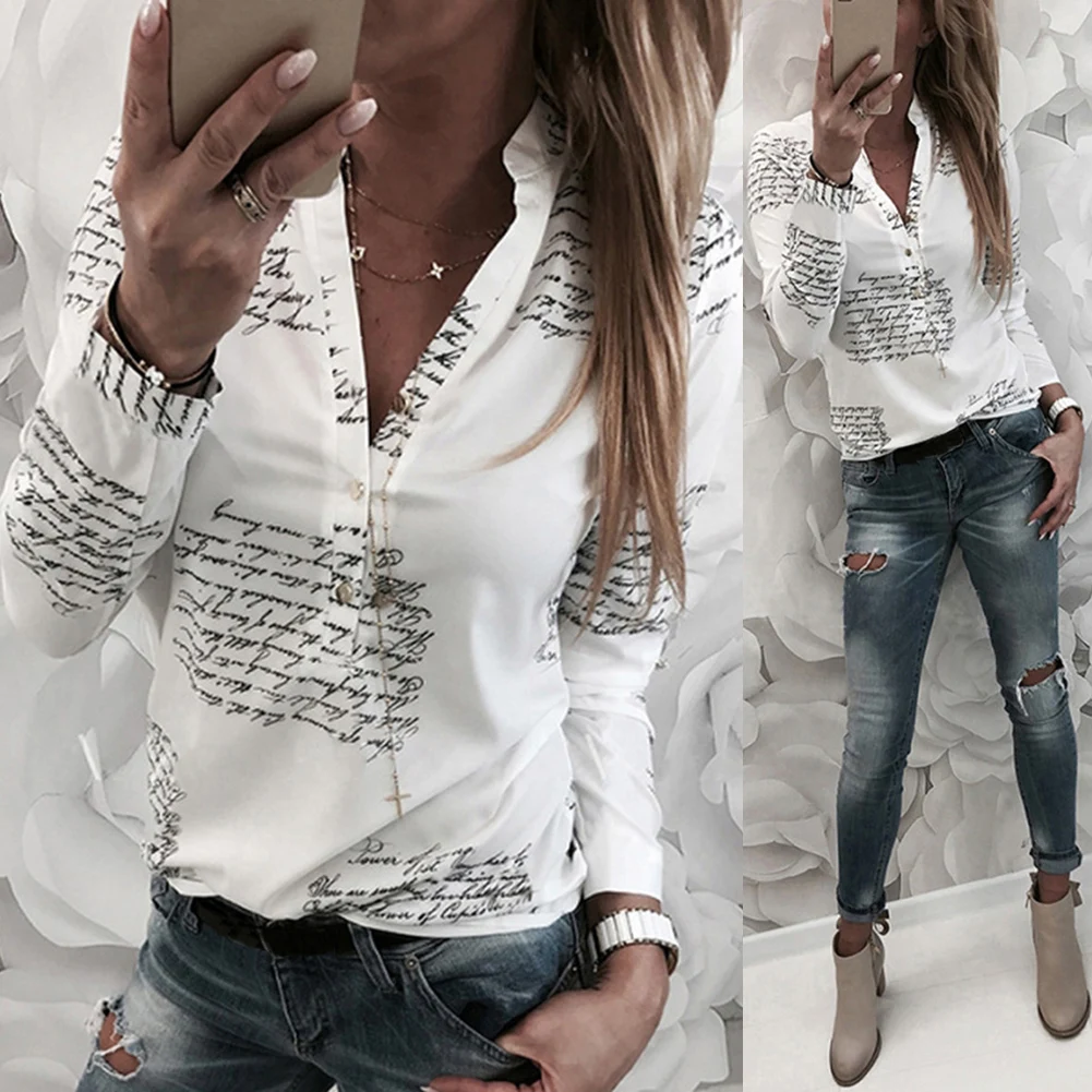 Letter Print Blouse Women Long Sleeve V-Neck Women's Shirt Loose Spring Womens Tops And Blouses Casual White Plus Size Shirt Tee
Letter Print Blouse Women Long Sleeve V-Neck Women's Shirt Loose Spring Womens Tops And Blouses Casual White Plus Size Shirt Tee