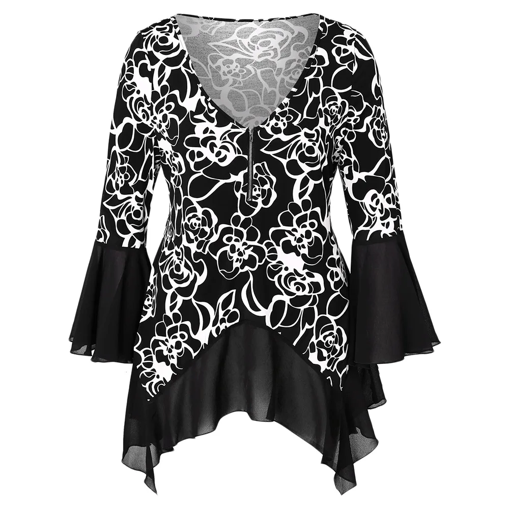 Plus Size Half Zip High Low Blouses Women Flower Print Flare Sleeve V-Neck Casual Shirts Female Spring Summer Tops Zipper
Plus Size Half Zip High Low Blouses Women Flower Print Flare Sleeve V-Neck Casual Shirts Female Spring Summer Tops Zipper
