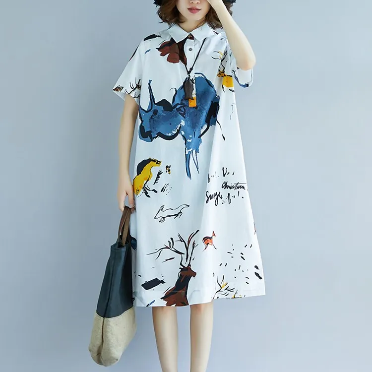 Hot Sale Summer Turn-Down Collar Print Midi Dress Female Casual Short Sleeve Button Pockets Loose Dresses
Hot Sale Summer Turn-Down Collar Print Midi Dress Female Casual Short Sleeve Button Pockets Loose Dresses
