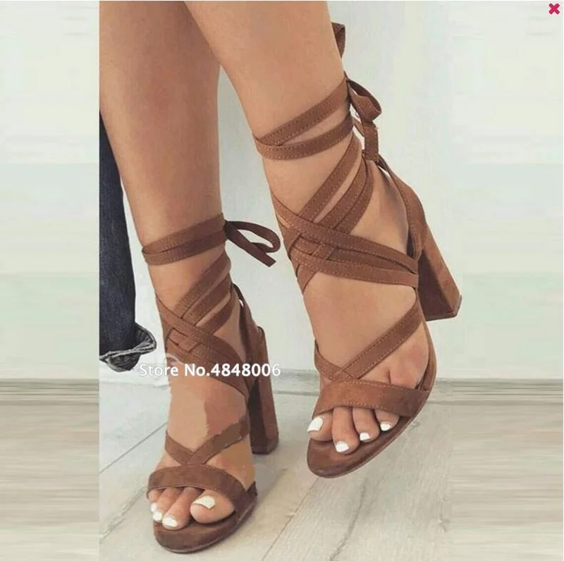 Suede Ankle Strap Lace-Up Chunky Heel Gladiator Sandals Sexy Hollow Open Toe Summer Shoes Brown Woman Party Dress Shoes
Suede Ankle Strap Lace-Up Chunky Heel Gladiator Sandals Sexy Hollow Open Toe Summer Shoes Brown Woman Party Dress Shoes