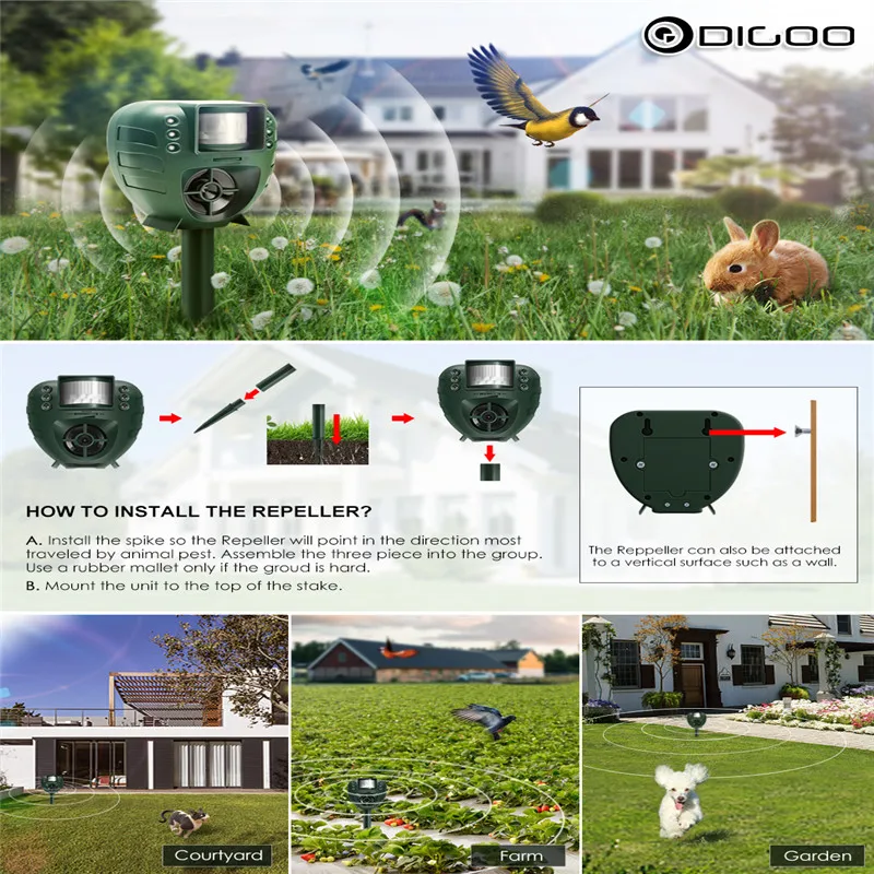 2019 New Digoo DG-AR01 Smart Home PIR Ultrasonic Animal Repeller Dog Cat Insect Flash Light Repellent Outdoor Garden Expeller
2019 New Digoo DG-AR01 Smart Home PIR Ultrasonic Animal Repeller Dog Cat Insect Flash Light Repellent Outdoor Garden Expeller