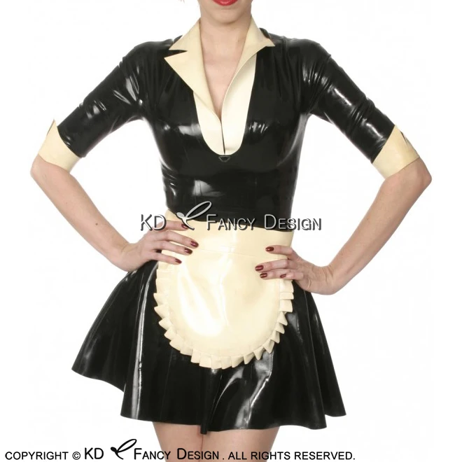Black With White Sexy French Maid Latex Dress With Half Sleeves Apron Zipper At Back Rubber Uniform Bodycon Playsuit LYQ-0164
Black With White Sexy French Maid Latex Dress With Half Sleeves Apron Zipper At Back Rubber Uniform Bodycon Playsuit LYQ-0164