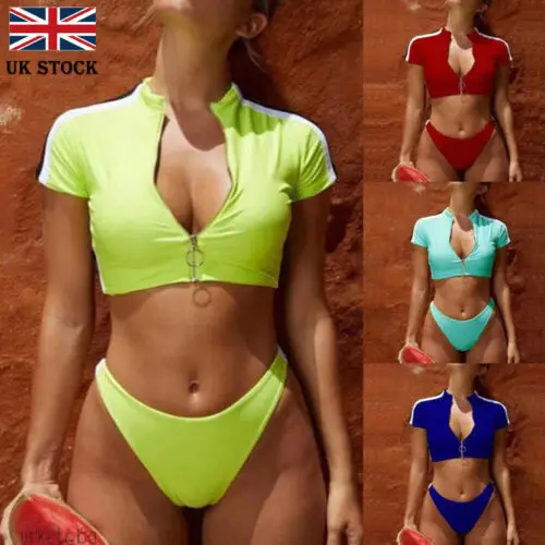 

UK Women Bikini Zipper Short Sleeve Sports Swimsuit Quick-drying Swimwear 2PCS