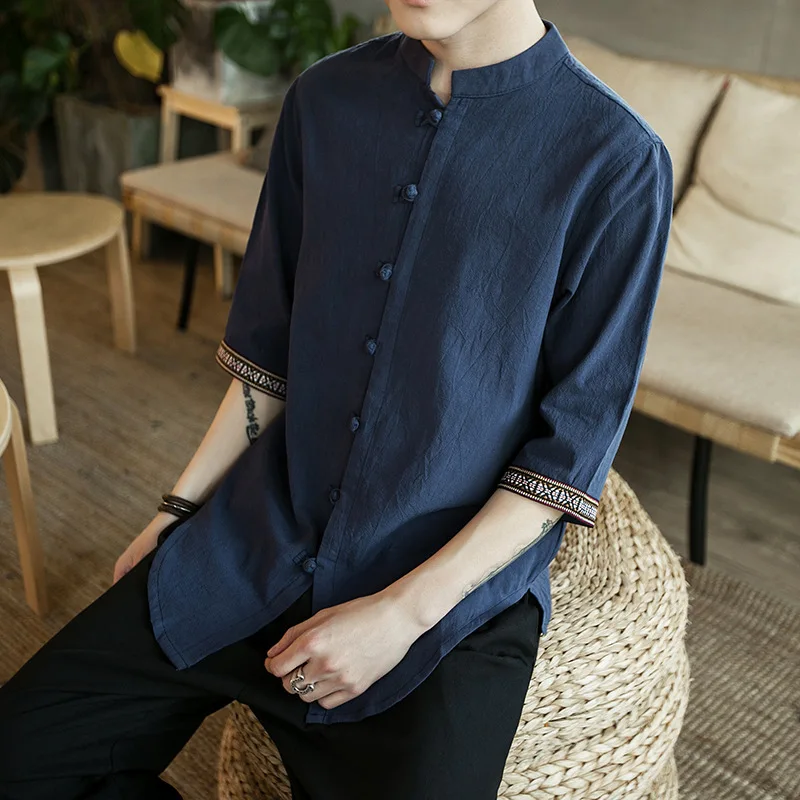 

#4496Spring Half Sleeve Asymmetrical Shirt Men Chinese Style Vintage Cotton Linen Shirt Mandarin Collar Streetwear Plus Size5XL