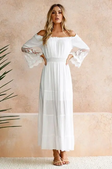 2019 Women's Summer White Dress Slash Neck Lace Stitching Long Dress Flare Sleeve Elegant Dress Cotton Vintage Robes Party Dress
2019 Women's Summer White Dress Slash Neck Lace Stitching Long Dress Flare Sleeve Elegant Dress Cotton Vintage Robes Party Dress