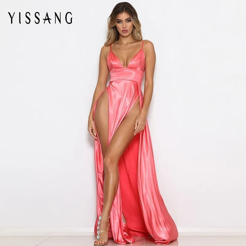 Yissang Sexy V Neck Satin High Split Dresses Women Summer Spaghetti Strap Elegant Maxi Dress Long Floor Length Dress Vestidos
Yissang Sexy V Neck Satin High Split Dresses Women Summer Spaghetti Strap Elegant Maxi Dress Long Floor Length Dress Vestidos