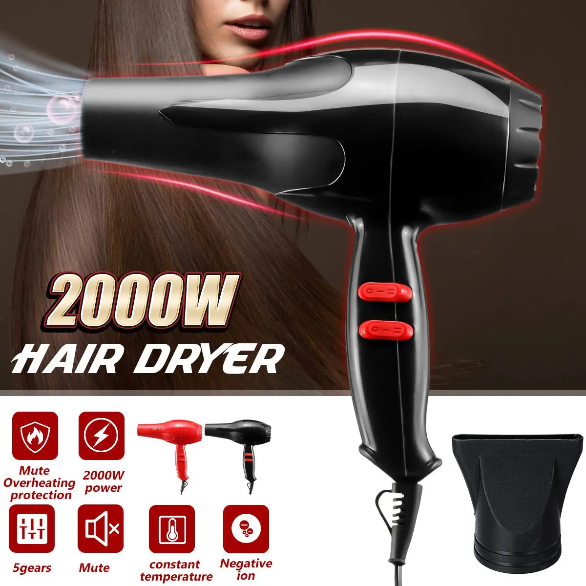 Professional 2000W Strong Power Hair Dryer for Hairdressing Barber Salon Tools Hot&Cold Wind Fast Hair Dryer With Nozzle
Professional 2000W Strong Power Hair Dryer for Hairdressing Barber Salon Tools Hot&Cold Wind Fast Hair Dryer With Nozzle