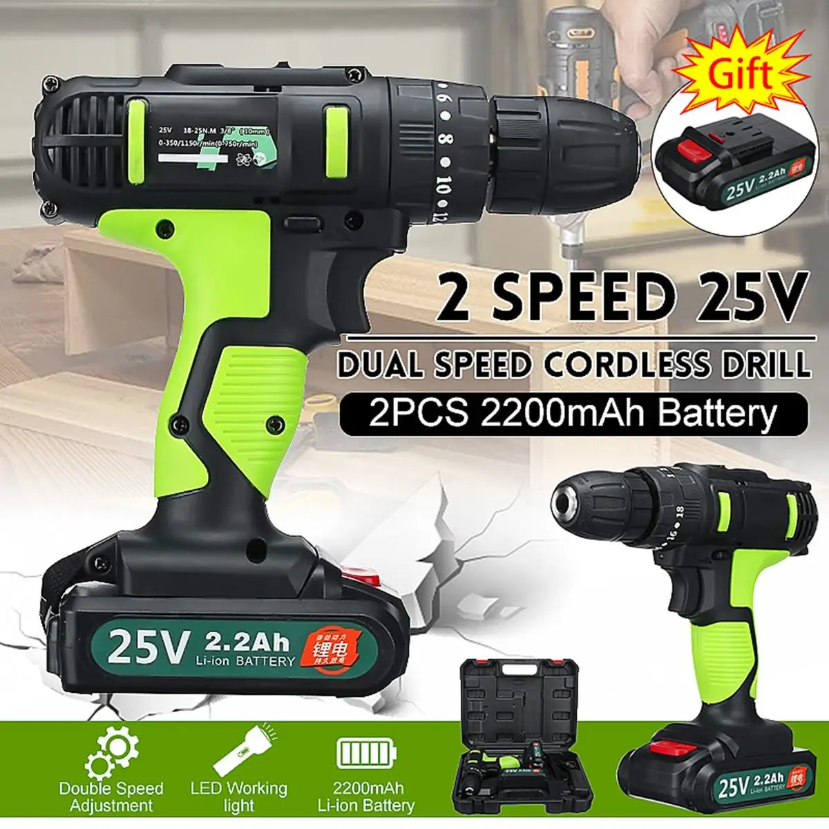 

New Electric Hand Drill Impact Drill 25V Battery Cordless Hammer Drill Electric Screwdriver Home DIY Power Tool 2 Li-ion Battery