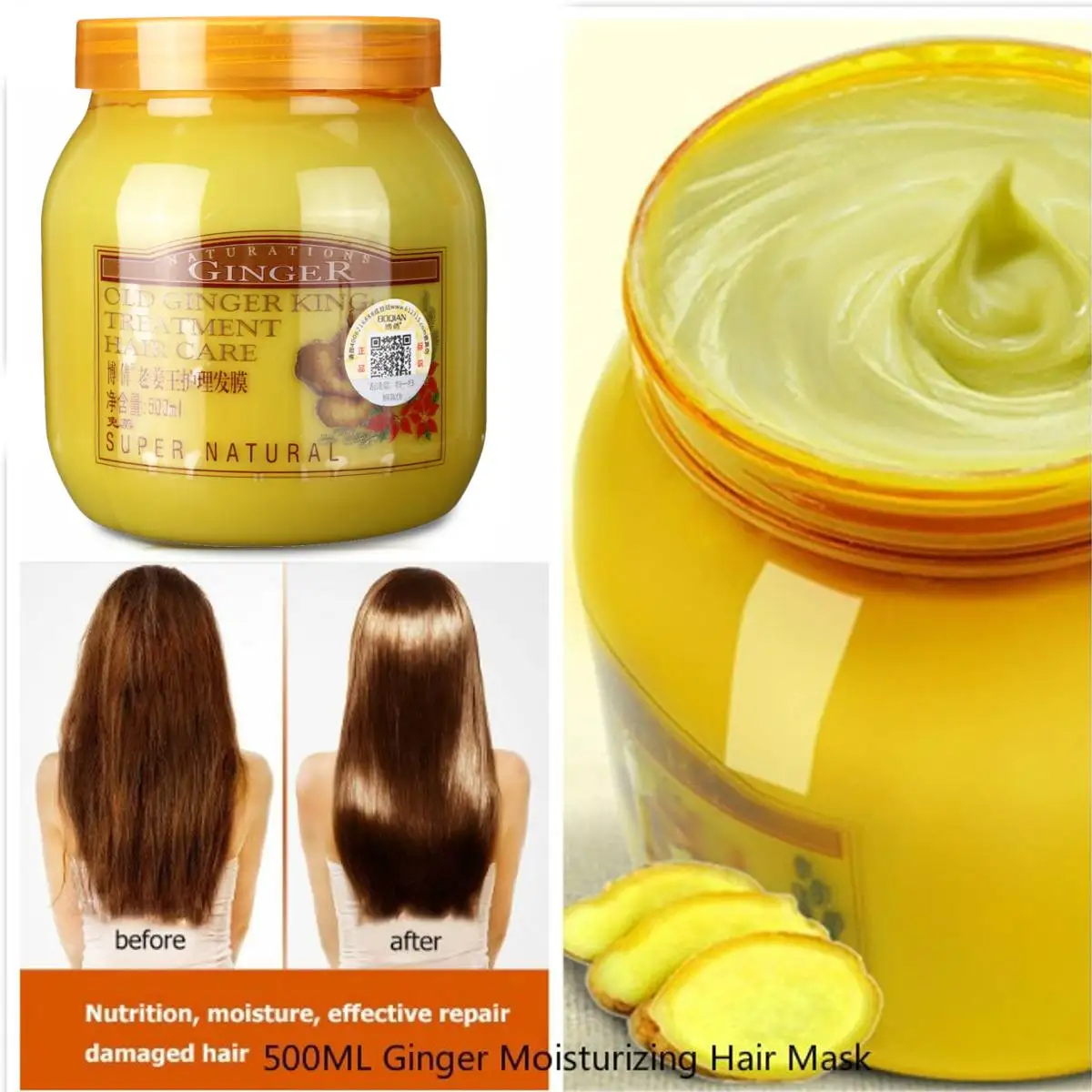 

Ginger Moisturizing Hair Mask Damaged Repair Hair Care Treatment Cream Baked Ointment Hair Conditioner Dry Frizz 500ML