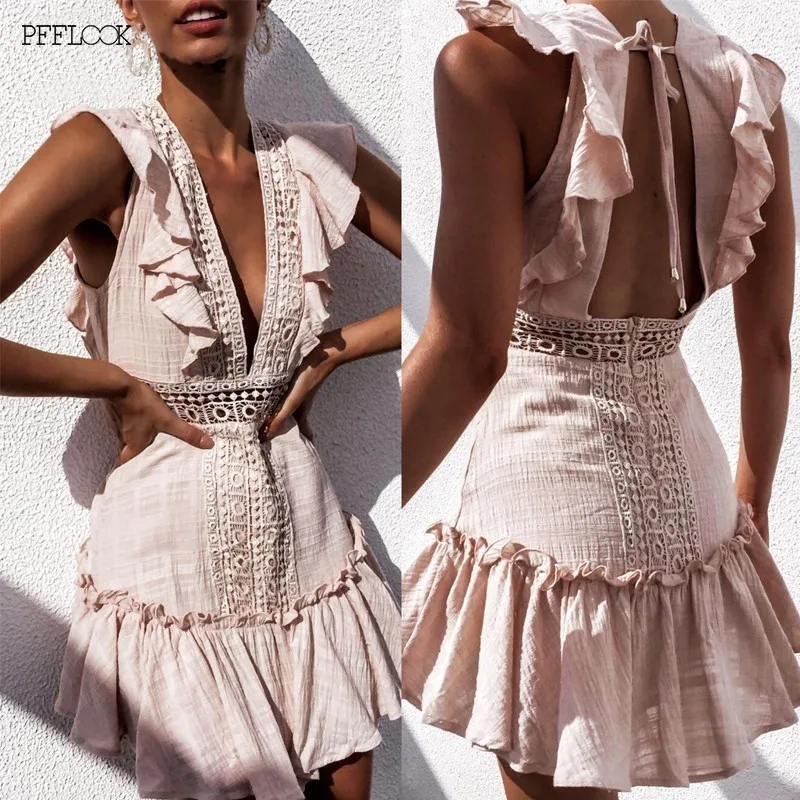 PFFLOOK Summer Elegant Ruffle Solid Women Dress 2019 Deep V Hollow Out Backless Lace Up Dress Casual Beach Wear Mini Sexy Dress
PFFLOOK Summer Elegant Ruffle Solid Women Dress 2019 Deep V Hollow Out Backless Lace Up Dress Casual Beach Wear Mini Sexy Dress