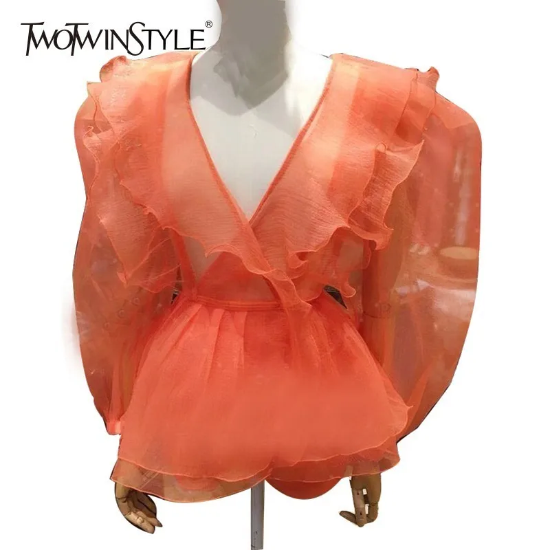 TWOTWINSTYLE Perspective Shirts Women V Neck Puff Long Sleeve Bandage Tunic Blouse Female Casual Clothes 2019 Fashion Spring
TWOTWINSTYLE Perspective Shirts Women V Neck Puff Long Sleeve Bandage Tunic Blouse Female Casual Clothes 2019 Fashion Spring