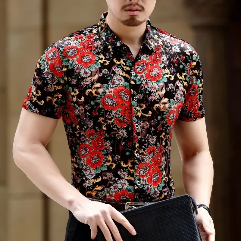 Red New SummerShort Sleeve Slim Fit Rose Print Velvet Shirt Club Party Chemise Homme Camicia Uomo Sexy Transparent Shirt Men
Red New SummerShort Sleeve Slim Fit Rose Print Velvet Shirt Club Party Chemise Homme Camicia Uomo Sexy Transparent Shirt Men