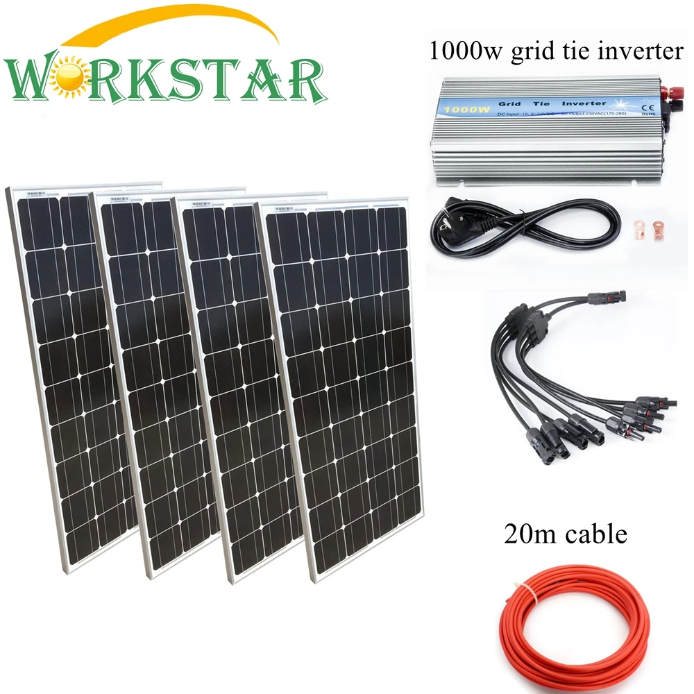 

4*100W Glass Grid Solar Panels with 1000W Grid Tie Inverter Complete 400W Grid Tie solar System Kit 20 Years Lifetime