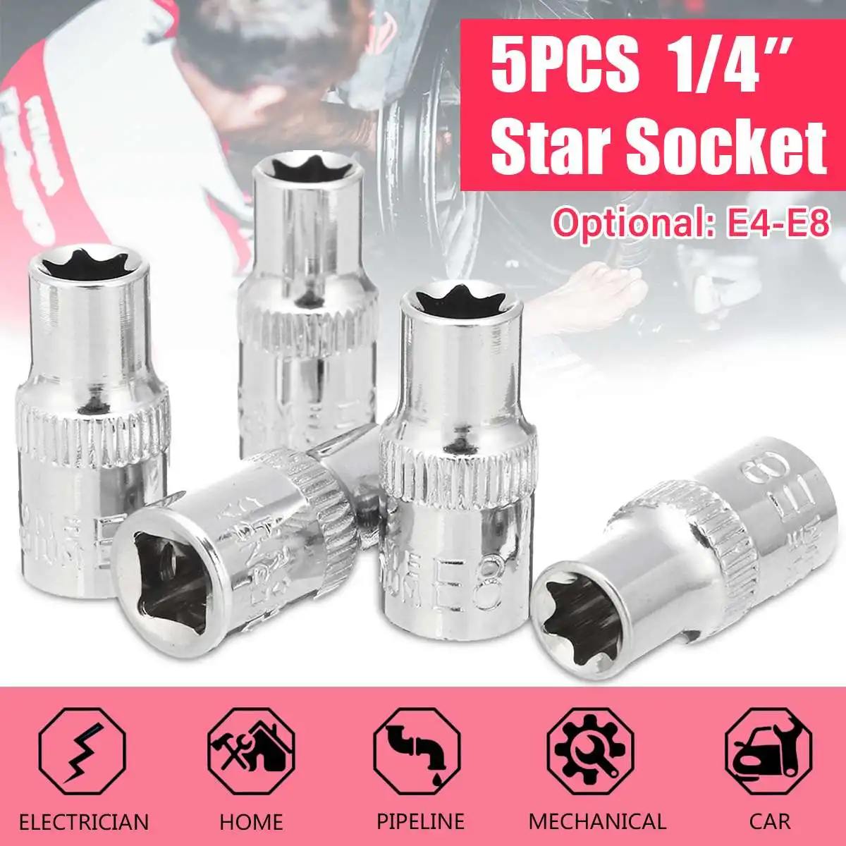 5pcs 1/4'' Drive E4 E5 E6 E7 E8 E Type Torx Star Socket Set Hand Repair Tools Square Hole
5pcs 1/4'' Drive E4 E5 E6 E7 E8 E Type Torx Star Socket Set Hand Repair Tools Square Hole