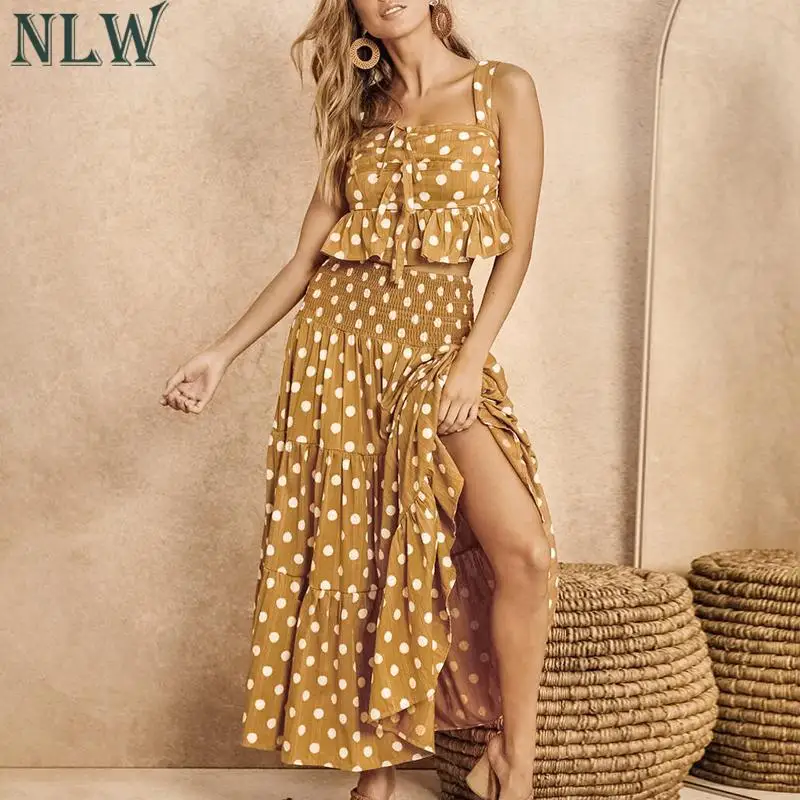NLW Ruffle Vintage Women Dress Sets Yellow Polka Dot Split Sundress 2019 Summer 2 Pieces Elegant Party Beach Maxi Dress Suits
NLW Ruffle Vintage Women Dress Sets Yellow Polka Dot Split Sundress 2019 Summer 2 Pieces Elegant Party Beach Maxi Dress Suits