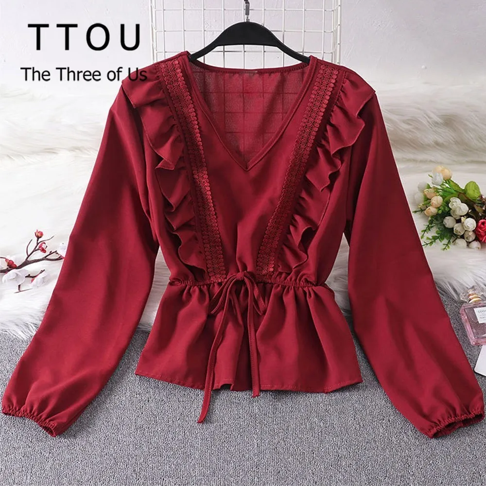 TTOU Sweet Drawstring Sash Ruffles Lady Blouse V-Neck Lace Patchwork Vintage Blusa 2019 Spring Summer Solid Slim Fashion Tops
TTOU Sweet Drawstring Sash Ruffles Lady Blouse V-Neck Lace Patchwork Vintage Blusa 2019 Spring Summer Solid Slim Fashion Tops