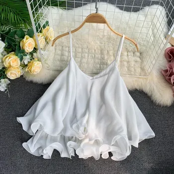 Women V-Neck Backless Spaghetti Strap Crop Top 2019 Summer Ruffles Sleeveless Sexy Chiffon Tops Short Loose Camis 
Women V-Neck Backless Spaghetti Strap Crop Top 2019 Summer Ruffles Sleeveless Sexy Chiffon Tops Short Loose Camis