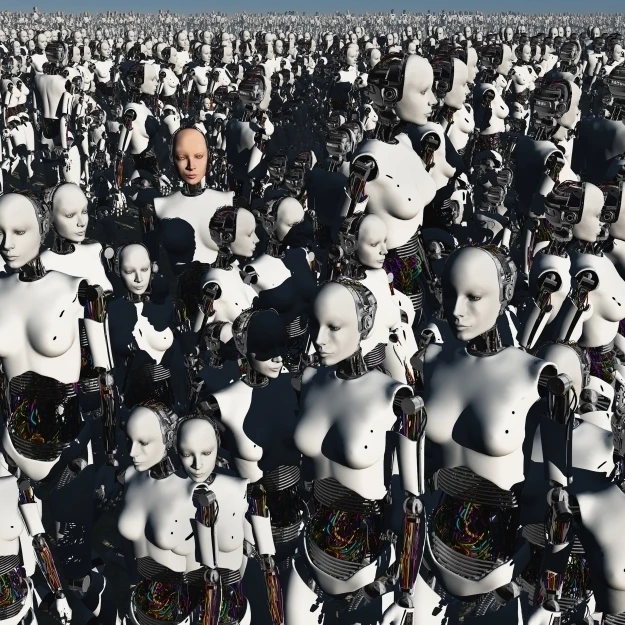 Фото A lone android with a human flesh colored face amongst crowd of robots Poster Print (18 x 11) | Дом и сад