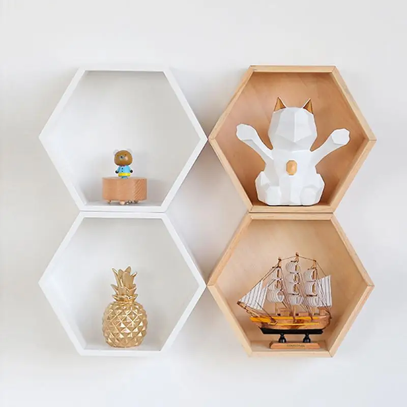 Solid Wood Wall Shelf Creative Home Bathroom Hexagonal Storage Organizer Containers Without Decorations | Дом и сад