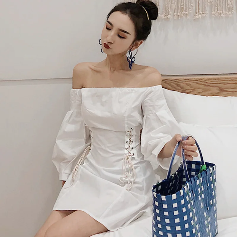 Hubble-bubble Sleeve Dress Woman Autumn Clothing New Pattern Korean Bandage White Short Dresses | Женская одежда