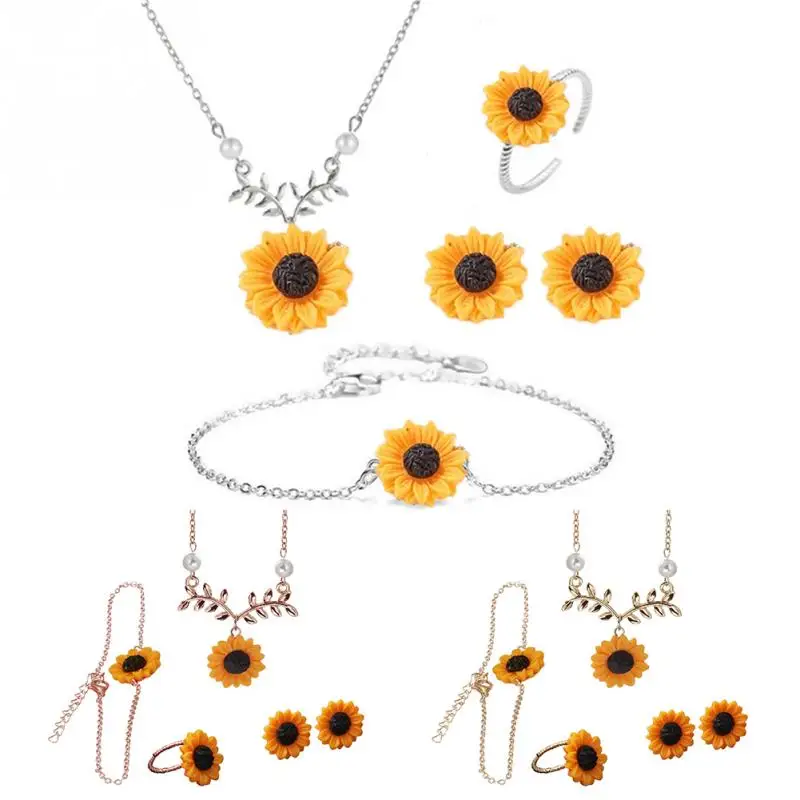 4pcs/set Lovely Fine Jewelry Sets Sunflower Leaves Pendant Necklace Ear Studs Rings Bracelet Alloy Women Gift Wedding Bijoux
4pcs/set Lovely Fine Jewelry Sets Sunflower Leaves Pendant Necklace Ear Studs Rings Bracelet Alloy Women Gift Wedding Bijoux