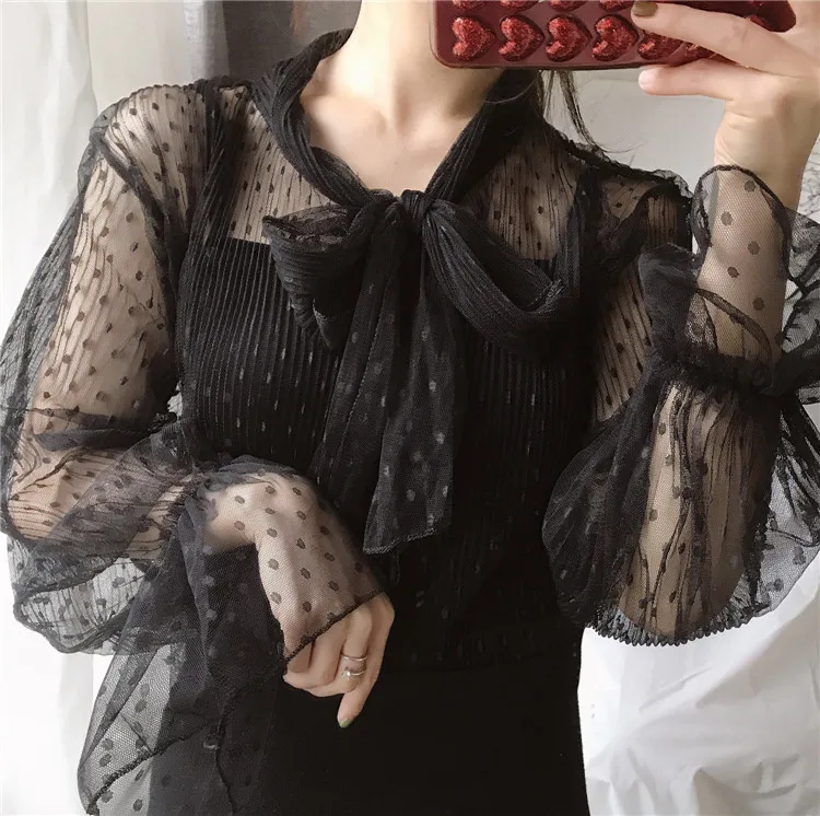 Women Sexy Transparent Bow Neck Dot Mesh Tee Shirts Blouses Girls Full Flare Sleeve Tops Shirts Clothing For Female DX3707
Women Sexy Transparent Bow Neck Dot Mesh Tee Shirts Blouses Girls Full Flare Sleeve Tops Shirts Clothing For Female DX3707