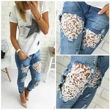 2019 Spring Women's Lace Stitching Denim Sexy Ripped Jeans With Holes Jean Crochet Trousers Summer Destroyed Women Pants Korean
2019 Spring Women's Lace Stitching Denim Sexy Ripped Jeans With Holes Jean Crochet Trousers Summer Destroyed Women Pants Korean